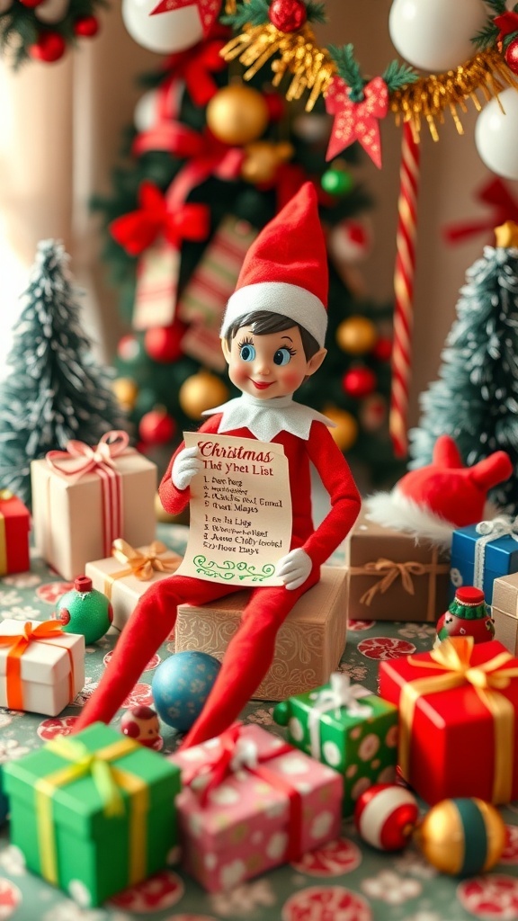 Elf on the Shelf with a Christmas list surrounded by festive decorations and toys.